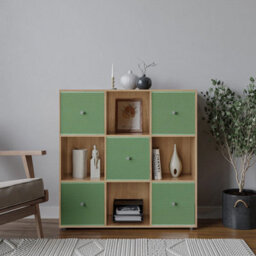 Urbn-Living 9 Cube Oak Wooden Bookcase Shelving Unit With 5 Collapsible Fabric Drawers Pastel Green - thumbnail 2