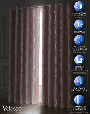 Velosso Thermal Blackout Foil Print Curtains In Variety Sizes, Ring Top Style, Durable & Lightweight For Bedroom Or Living Room - Blush