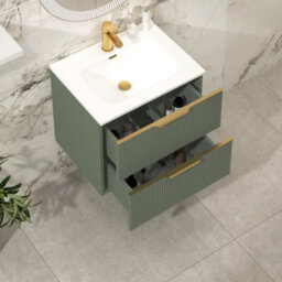 Royal Bathrooms Evora 700mm Sage Green Fluted Wall Hung Bathroom Vanity Unit 2 Drawer With Ceramic Basin & Brushed Brass Handles - thumbnail 4
