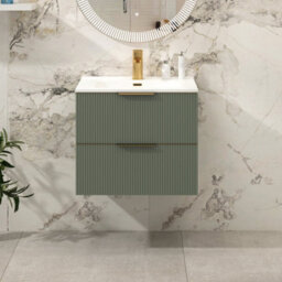 Royal Bathrooms Evora 700mm Sage Green Fluted Wall Hung Bathroom Vanity Unit 2 Drawer With Ceramic Basin & Brushed Brass Handles