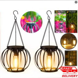 Pack Of 2 Outdoor Solar Hanging Lanterns, Waterproof Metal Garden Lights