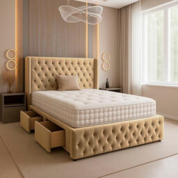 Adore Designs Chesterfield Plush Velvet Divan Bed, Winged Headboard, Mattress & Footboard - 3Ft Single - Coffee - 0 Drawers - thumbnail 2
