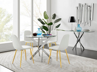 Furniturebox Uk Novara Chrome Metal Round Glass Dining Table And 4 White Corona Gold Dining Chairs - image 1