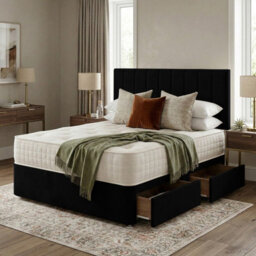 Adore Designs Portland Plush Velvet Divan Bed, Headboard & Mattress - 4Ft Small Double - Black - 4 Drawers - thumbnail 1