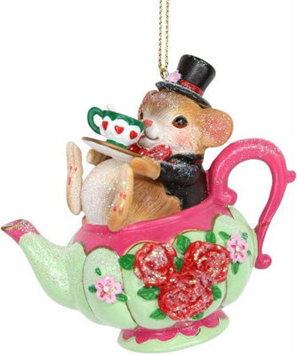Gisela Graham Christmas Dormouse In A Teapot Hanging Tree Decoration, 8 X 9.5 X 8 Cm, Gold And Black