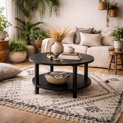 Wyld Haus Westbrook Black Round Coffee Table With Shelf, Matt Wood Finish - image 1