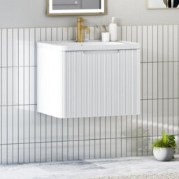 Royal Bathrooms Avenza 600mm Fluted Wall Hung Vanity Unit Matt White 1 Drawer Storage Cabinet With Ceramic Basin - thumbnail 6