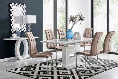 Furniturebox Arezzo White High Gloss Extending Dining Table & 6 Cappuccino Beige Murano Faux Leather Dining Chairs - image 1