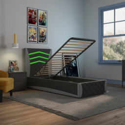 SlumberWorx Galaxy Ottoman Storage Led Headboard Gaming Single Bed Frame (Black And Grey) - thumbnail 3