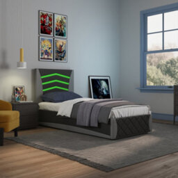 SlumberWorx Galaxy Ottoman Storage Led Headboard Gaming Single Bed Frame (Black And Grey) - thumbnail 1