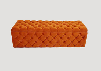 180Cm Wide Lux Ottoman Storage Box, Burnt Orange Velvet Upholstered Chesterfield Storage Ottoman Box - image 1
