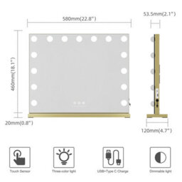 Fascinate Hollywood Vanity Mirror Gold 58X48Cm 15 Led Dimmable Tempered Glass Beauty Mirror Wall Mount Tabletop Stand Modern - thumbnail 7