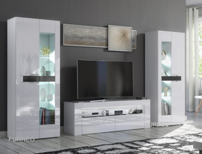 Furneo High Gloss & Matt White Living Room Set Tv Stand Display Cabinets Milclif 13 White Led Lights - image 1