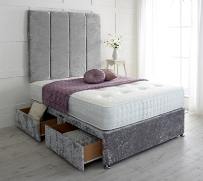 "Adore Designs Stafford Crushed Velvet Divan Bed, With Pocket Mattress & 36"" Headboard - 4Ft Small Double - Grey - 0 Drawers"