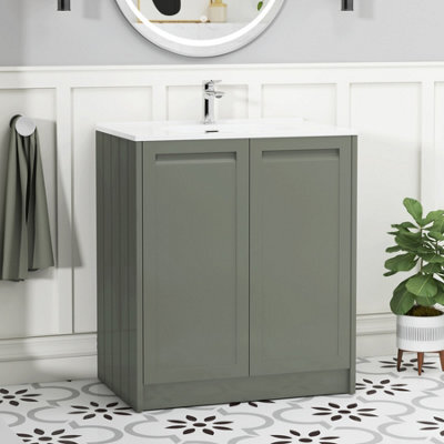 Royal Bathrooms Elmore 700mm Traditional Floor Standing 2 Door Cabinet Bathroom Vanity Unit With Ceramic Basin Sink - Matt Green - image 1