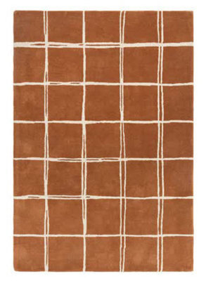 Rust Chequered Wool Modern Shaggy Handmade Rug For Living Room Bedroom & Dining Room-200Cm X 290 Cm