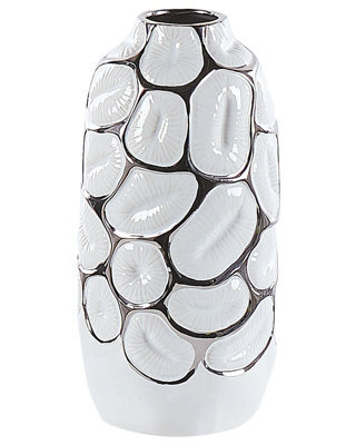 Wyld And Coco 28Cm White Stoneware Vase With Silver Embossed Detail - Tall Gloss Centrepiece For Tablescapes - image 1