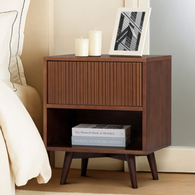 Teamson Home Tremolo Bedside Table 1 Fluted Push-Open Drawer Nightstand, Walnut - image 1