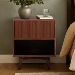 Teamson Home Tremolo Bedside Table 1 Fluted Push-Open Drawer Nightstand, Walnut - thumbnail 3