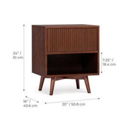 Teamson Home Tremolo Bedside Table 1 Fluted Push-Open Drawer Nightstand, Walnut - thumbnail 5