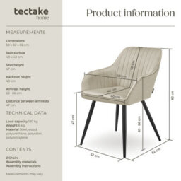 Tectake Set Of 2 Chair Marilyn - Velvet Look, Quilted, Continuous Backrest, Slim Steel Legs  - Cream/black - thumbnail 6