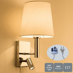 Harper Living Plug-In Wall Light With Switch And Adjustable Led Reading Light, Polished Chrome Finish, White Fabric Shade - thumbnail 1