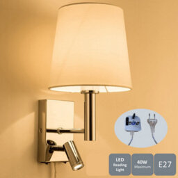 Harper Living Plug-In Wall Light With Switch And Adjustable Led Reading Light, Polished Chrome Finish, Ivory White Fabric Shade