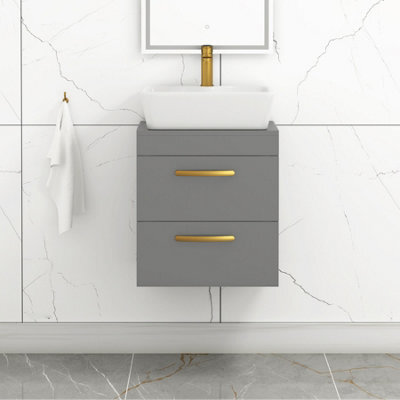 Royal Bathrooms 500mm Wall Hung Vanity Unit 2 Drawer Indigo Grey Gloss & Cube Countertop Basin With Brushed Brass Handle - image 1