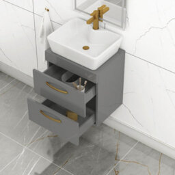 Royal Bathrooms 500mm Wall Hung Vanity Unit 2 Drawer Indigo Grey Gloss & Cube Countertop Basin With Brushed Brass Handle - thumbnail 3