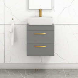 Royal Bathrooms 500mm Wall Hung Vanity Unit 2 Drawer Indigo Grey Gloss & Cube Countertop Basin With Brushed Brass Handle - thumbnail 1