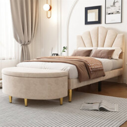 Abrihome 90X40X42Cm, Upholstered Bench With Velvet Storage Box, Footstool With Metal Legs, Suitable For Hallway, Beige - thumbnail 2