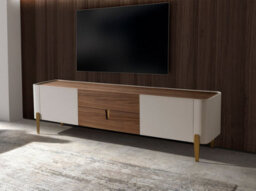 Angel Cerda Elegant Beige Wood Tv Stand With Golden Steel Accents And Walnut Top - thumbnail 5