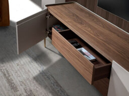 Angel Cerda Elegant Beige Wood Tv Stand With Golden Steel Accents And Walnut Top - thumbnail 4