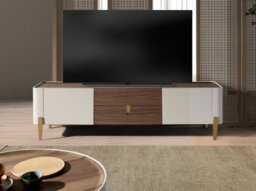 Angel Cerda Elegant Beige Wood Tv Stand With Golden Steel Accents And Walnut Top - thumbnail 2