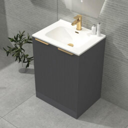 Royal Bathrooms Evora 700mm Graphite Grey Fluted Floor Standing Bathroom Vanity Unit 2 Door With Ceramic Basin Sink & Brass Handle - thumbnail 5