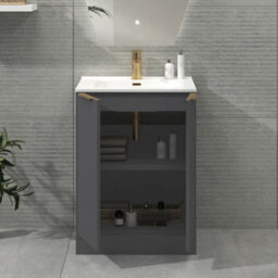 Royal Bathrooms Evora 700mm Graphite Grey Fluted Floor Standing Bathroom Vanity Unit 2 Door With Ceramic Basin Sink & Brass Handle - thumbnail 4