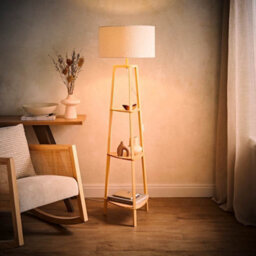 Valuelights Hiru Natural 3 Tier Shelf Floor Lamp With Cream Boucle Shade And Bulb - thumbnail 1