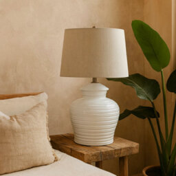 Wyld Haus Belcastel White Swirl Textured Ceramic Pot Lamp With Cream Linen Shade - thumbnail 1