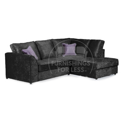 Furnishings For Less UK Crystal Crushed Velvet Fabric 3 To 4 Seater L Shaped Corner Sofa Black Right Hand Facing - Full Back - image 1