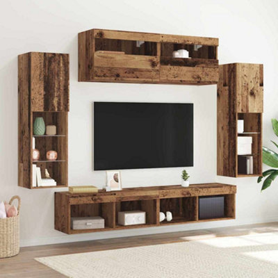 Berkfield 8 Piece Tv Wall Units With Led Old Wood Engineered Wood - image 1