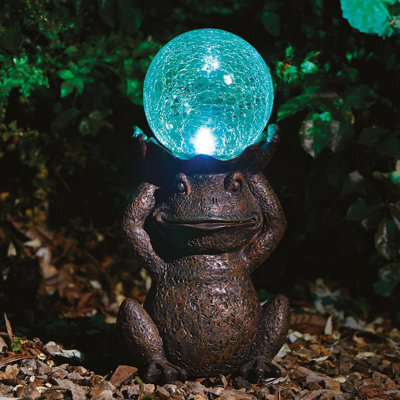 Solar Powered Led Frog Garden Ornament - Hand Painted Polyresin Sculpture With Light Up Crackle Glass Ball - H38 X W21 X D15Cm - image 1