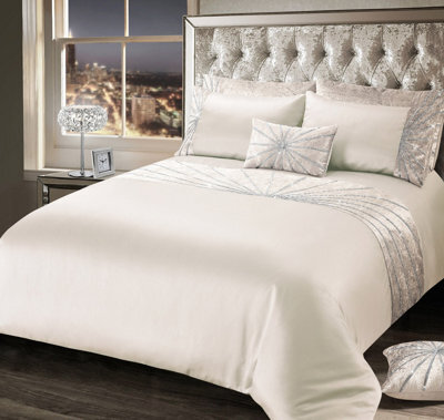 Intimates Elegant Faux Silk Diamante Duvet Cover & Pillowcase Set, Luxury Size Bedding, Durable, Easy Care, Button Enclosure - Cream