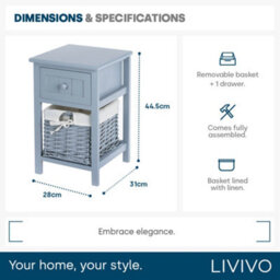 Livivo Grey Bedside Table With Wicker Basket Drawer Storage Cabinet Unit Shabby Chic Bedroom Furniture - thumbnail 9