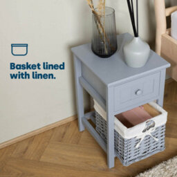 Livivo Grey Bedside Table With Wicker Basket Drawer Storage Cabinet Unit Shabby Chic Bedroom Furniture - thumbnail 5