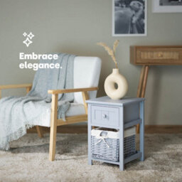 Livivo Grey Bedside Table With Wicker Basket Drawer Storage Cabinet Unit Shabby Chic Bedroom Furniture - thumbnail 2