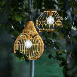 Teamson Home Outdoor Garden Hanging Light Lantern, Solar Powered, With Bulb, Dimmer, Timer & Remote, Brown Wicker - thumbnail 1