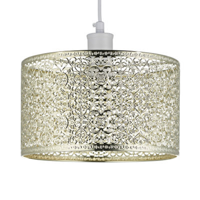 Happy Homewares Ornate Moroccan Style Decorated Shiny Gold Metal Pendant Lamp Shade 25Cm X 15Cm - image 1