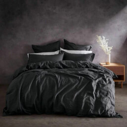 Lazy Linen 100% Washed Linen Fitted Sheet Charcoal Grey European Flax Breathable Deep 36Cm King Bed Sheet - thumbnail 2