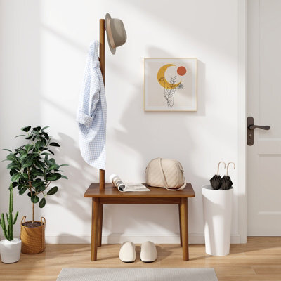 Costway Wooden Hall Tree W/ Coat Rack Freestanding Coat Stand & Shoe Bench W/ 4 Hooks - image 1