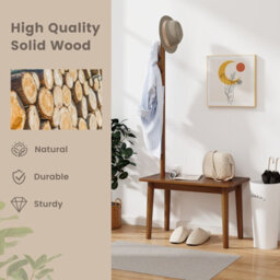 Costway Wooden Hall Tree W/ Coat Rack Freestanding Coat Stand & Shoe Bench W/ 4 Hooks - thumbnail 7